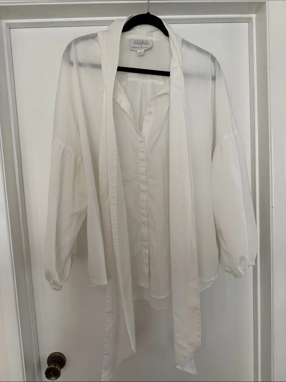 Anthropologie White Bow-Tie Puff Sleeve Blouse